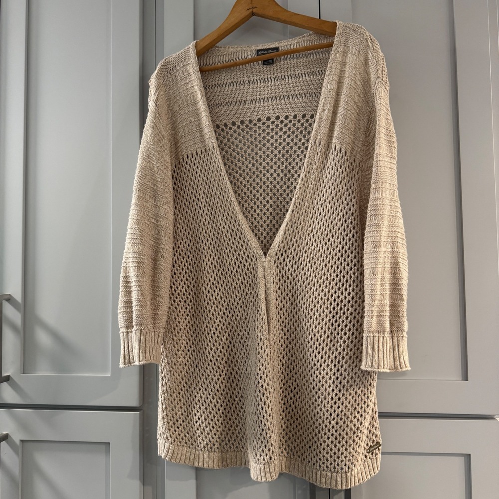 Eddie Bauer Open Knit Cardigan Sweater Beige Women's 2XL‎ Lightweight Duster